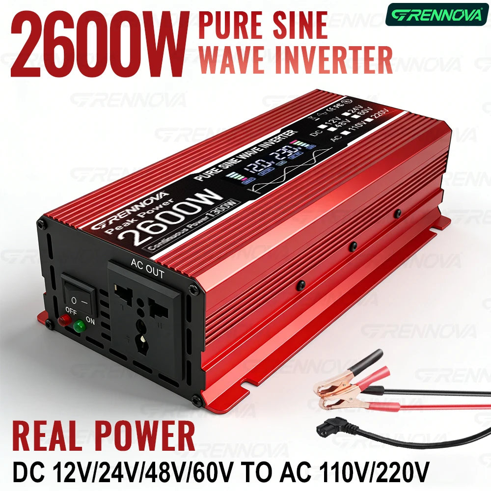GRENNOVA Real 2600W Pure Sine Wave Inverter 1300W Peak DC 12V/24V/48V/60V/72V to AC Voltage Transformer with LCD Display & Fan Zpaxo