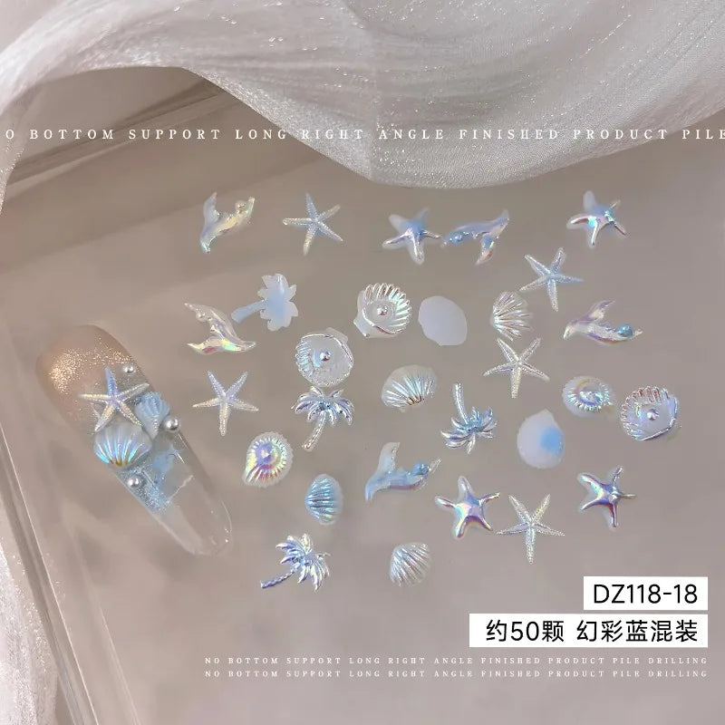 Mixed Summer Aurora Shell Nail Rhinestone Ocean Theme Starfish Coconut Tree Resin Nail Charm Decoration DIY Manicure Accessories Zpaxo C-50pcs mix per pack