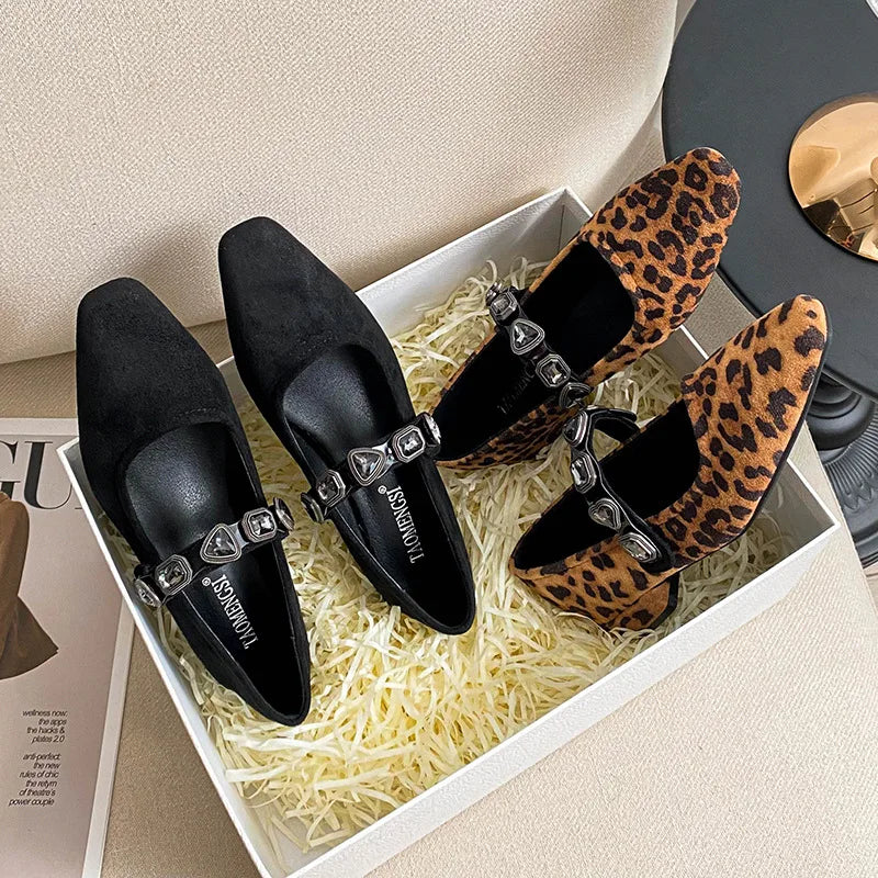 Pumps Shoes Women 2025 Spring Autumn Square Toe Love Leopard Pattern Diamond Belt Shallow Mouth Mary Jane Single Shoes for Women Zpaxo