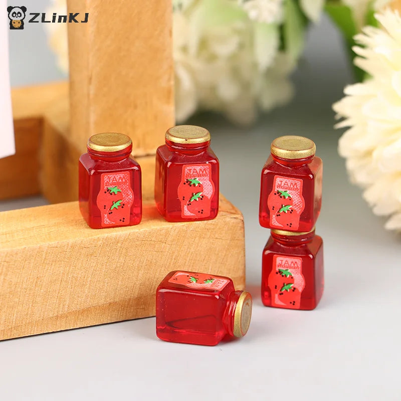 ▶5Pcs 1/12 Dollhouse Strawberry Sauce Jam Jar Dollhouse Miniature Kitchen Food Accessories Dolls House Decorations Toys Zpaxo