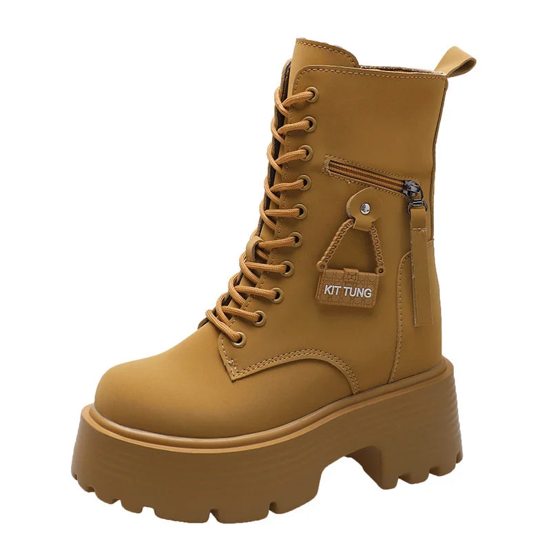 2023 Autumn Platform Mid-calf Boots Women Thick Sole Winter Leather Zpaxo Yellow 34(Foot 22cm) CN