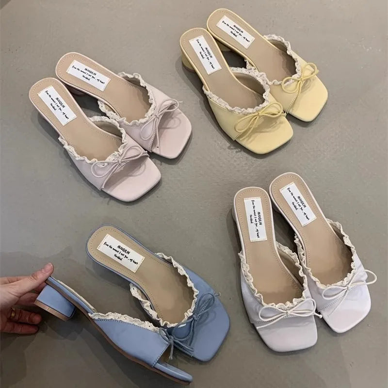 Designer Summer Butterfly-knot Lace Women Slippers Casual Thick Low