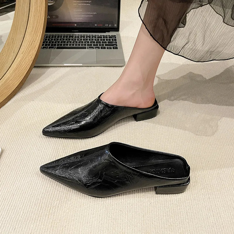 Baotou Half Slippers Women's Outer Wear 2025 Pointed Thick Heel Zpaxo 36 black