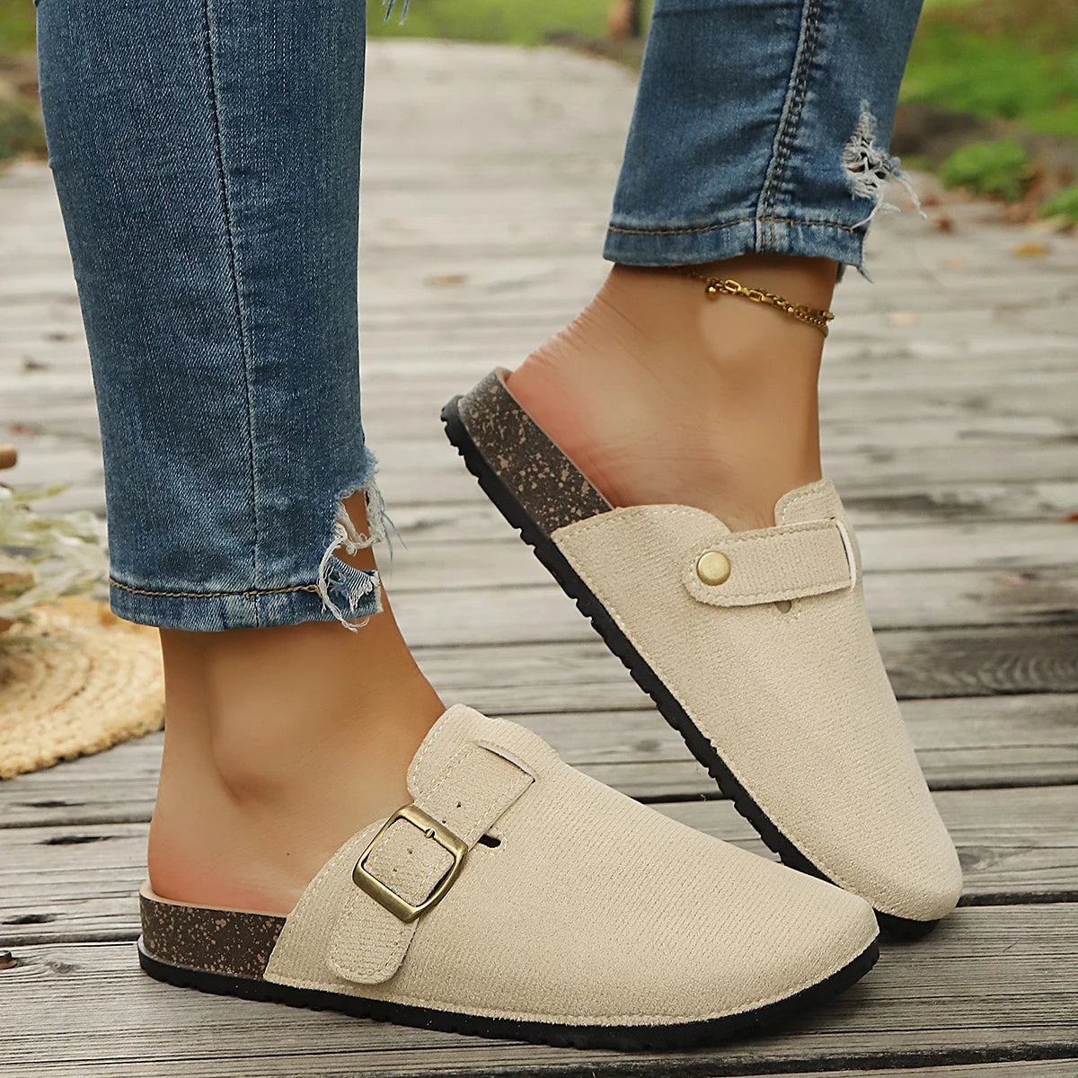 2026 Women Cork Sole Slippers Fashion Flat Mules with Buckle Shoes Women Beach Platform Sandals Lightweight Baotou Slides Women Zpaxo Beige 40-41