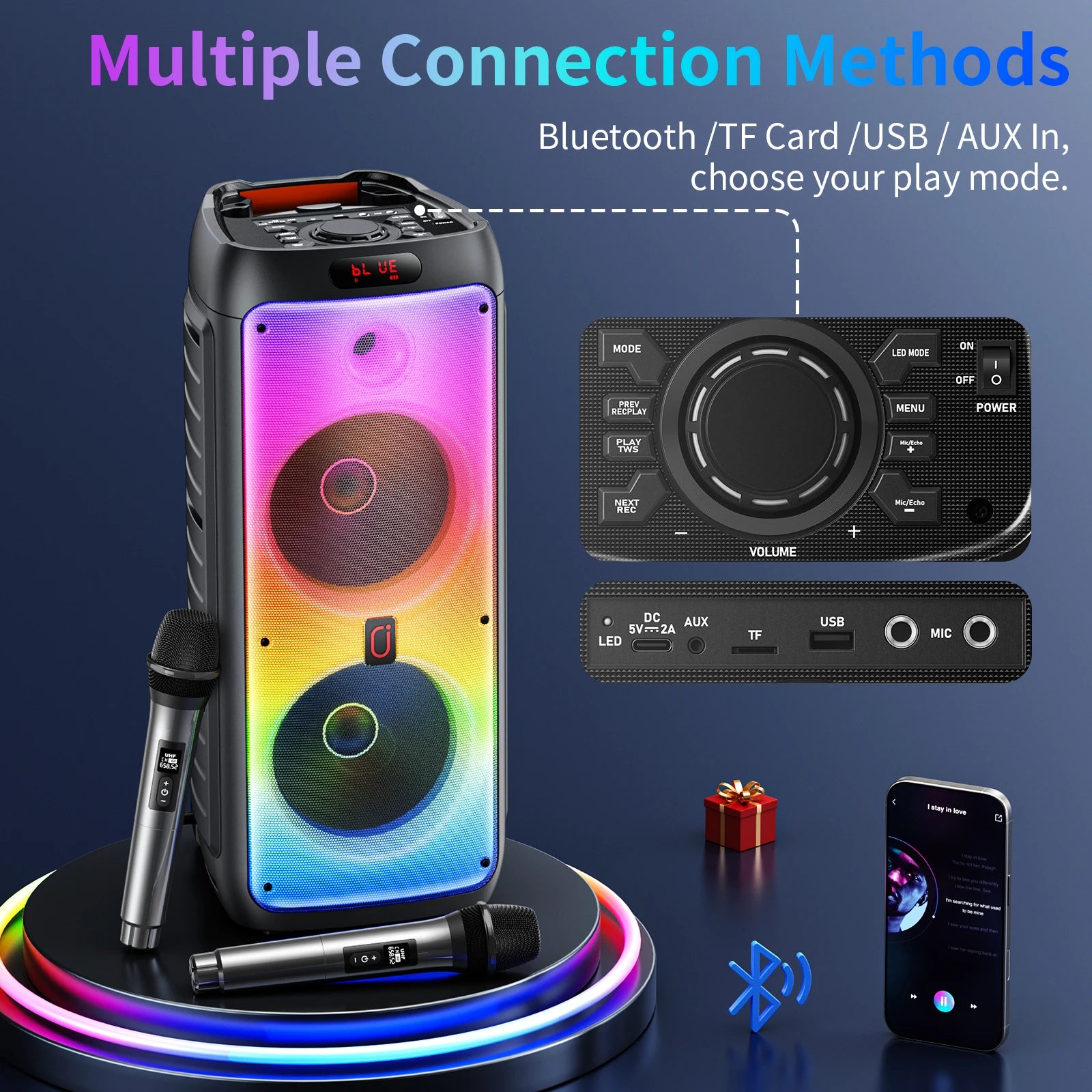 T38 Large Bluetooth Speaker Wireless Wheels Push Rod 6000MAH Karaoke