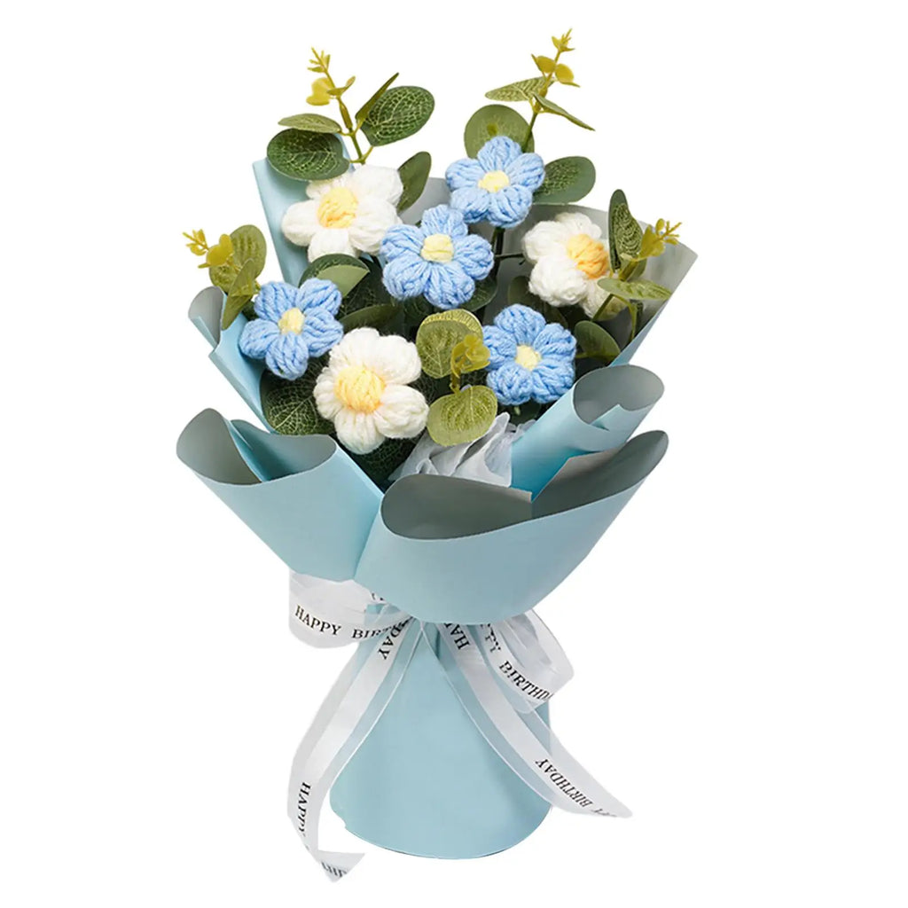 Crochet Flower Bouquet Mother Day Gift Decoration Woven Bouquet for Girl Friend Thanksgiving Festival Wedding Mother's Day Zpaxo Blue