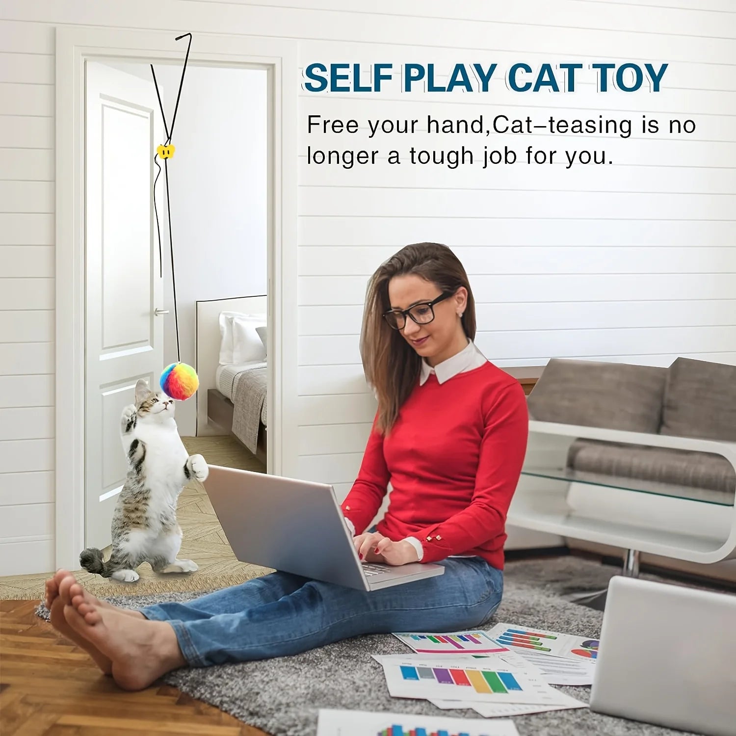 Interactive Cat Teaser Toy Adjustable Hanging Door Swing with Colorful Worms Plush for Indoor Cats Interactive Kitten Play Zpaxo