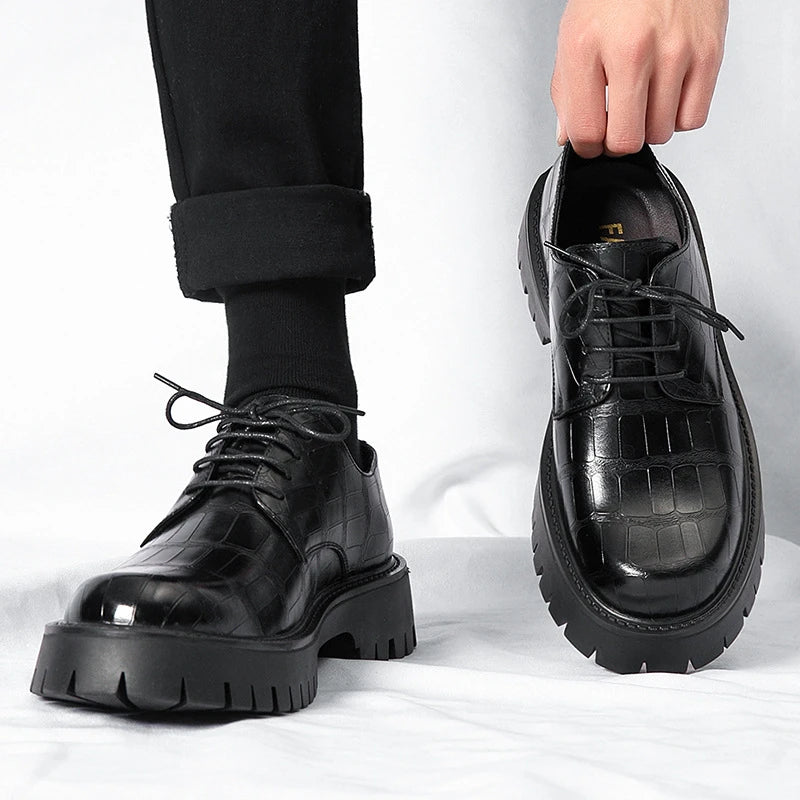 Mens Black Crocodile Embossed Leather Lace Up Dress Shoes Thick Lug Zpaxo