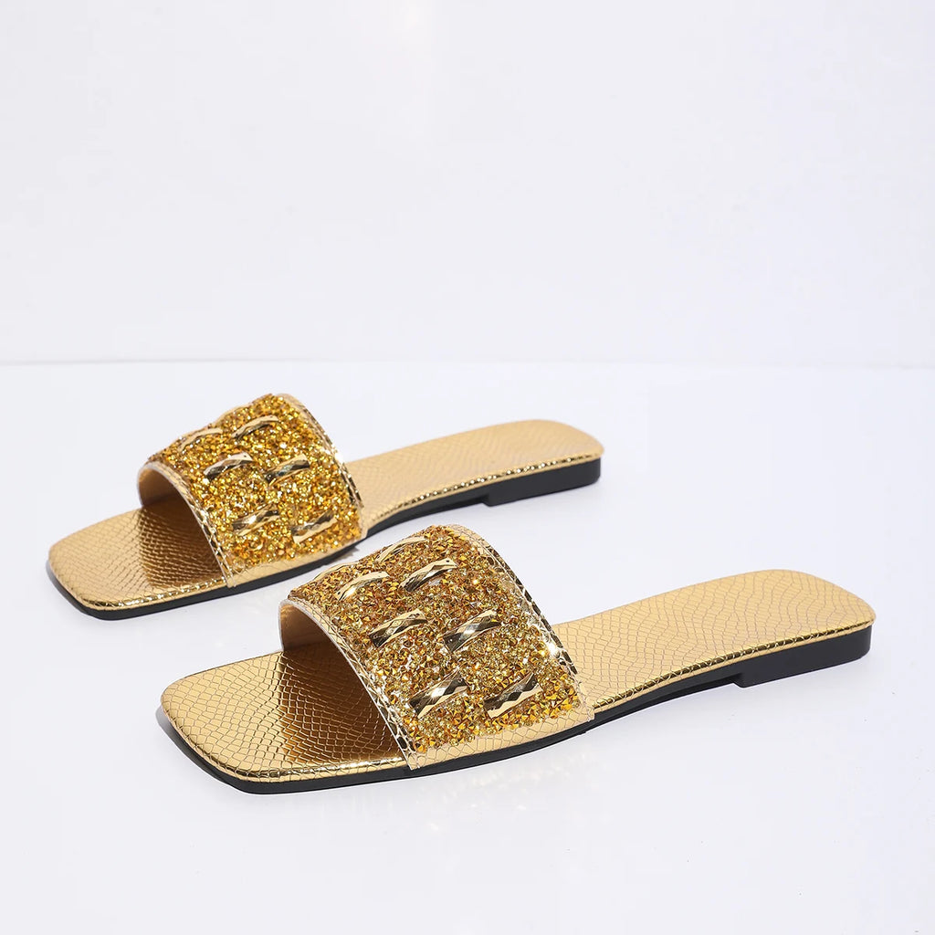 Women Slippers 2025 Fashion Summer Rhinestone Flat Sandals Comfort