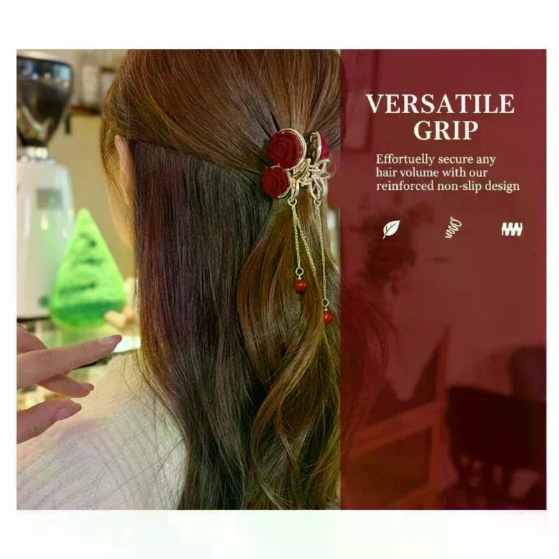 Vintage Elegant Red Flocked Rose Tassel Hair Clip Stylish Ponytail Zpaxo