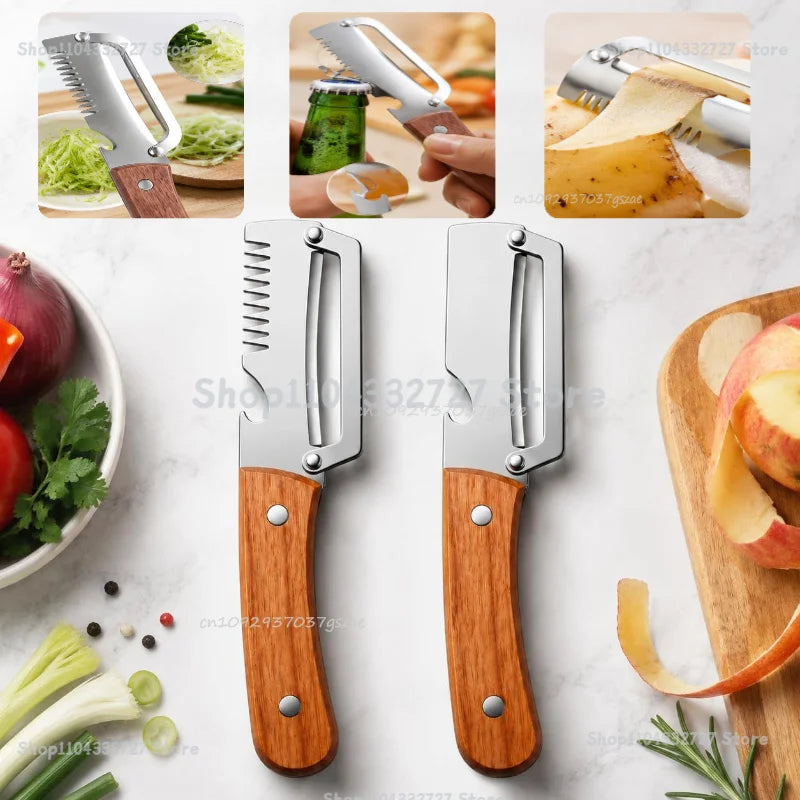 New Paring Knife Ergonomic Wood Handle Knife Stainless Steel Vegetable Peeler with Wooden Handle 2-in-1 Fruit Potato Peeler Zpaxo