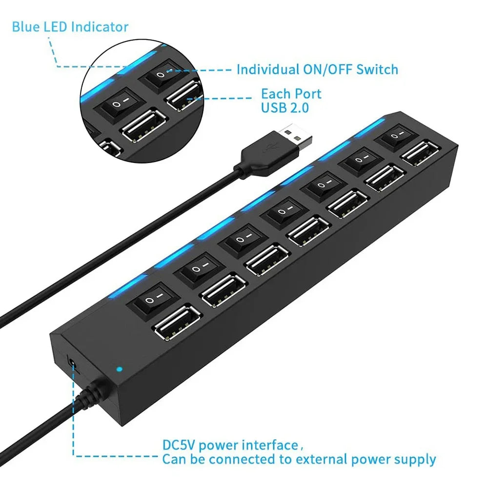 USB 2 0 Hub Multi Splitter Use Power Adapter 7 Port Multiple Expander Zpaxo