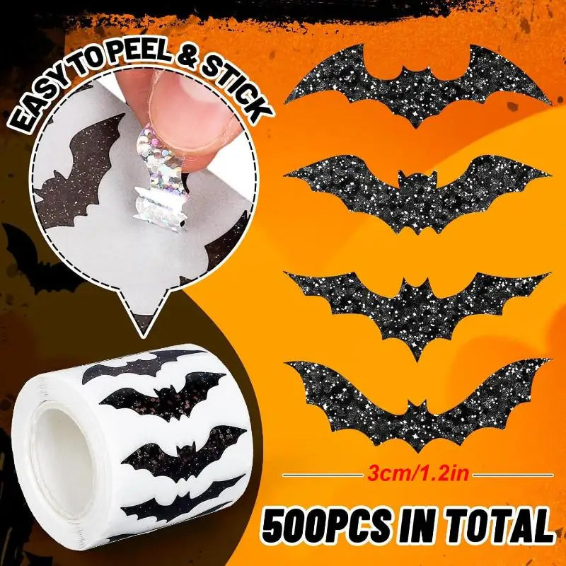 500Pcs/roll Laser Black Bat Waterproof Glitter Self-Adhesive Decals Halloween Bat Stickers For Party Scrap DIY Accessories Zpaxo A