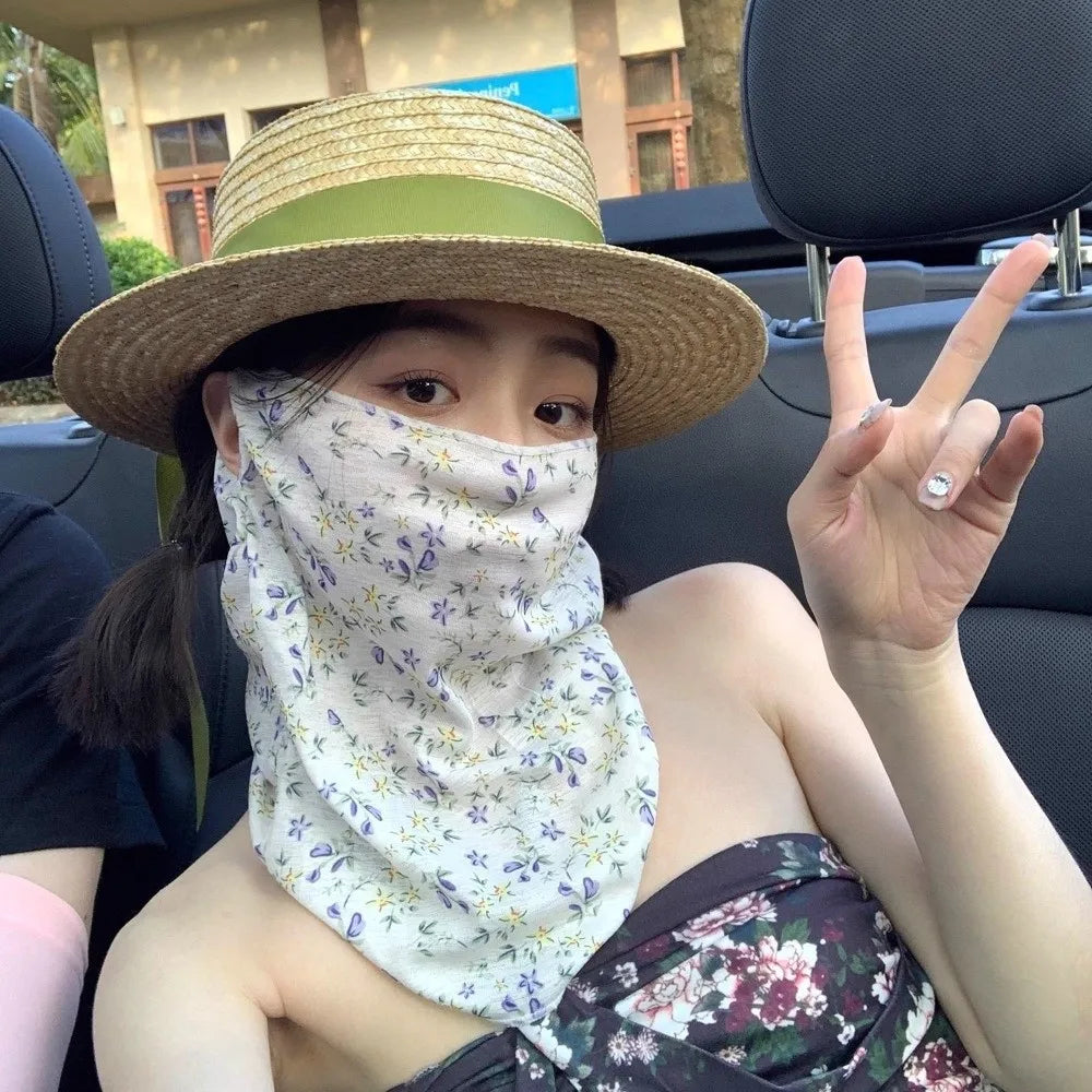 1Pc New Breathable Face Sunscreen Mask Small Floral Print Ear Hook Style UV Resistant Scarf Thin Neck Protector Summer Zpaxo