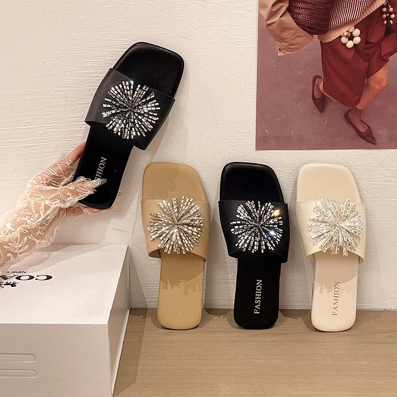 Women's Rhinestone Firework Slide Sandals Black Square Toe Flat