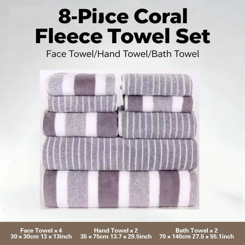 8pcs Coral Fleece Set: Towels, Washcloths, Bath Towels, Quick-Drying Striped Adult Face Towels for Bathrooms Zpaxo