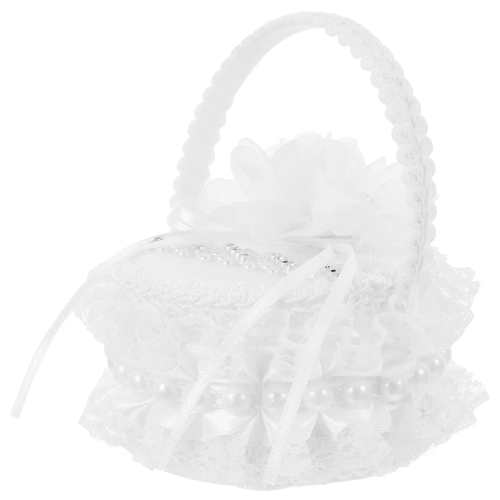 White Mini Satin Ring Box Embroidered Wedding Basket Pearl Handle
