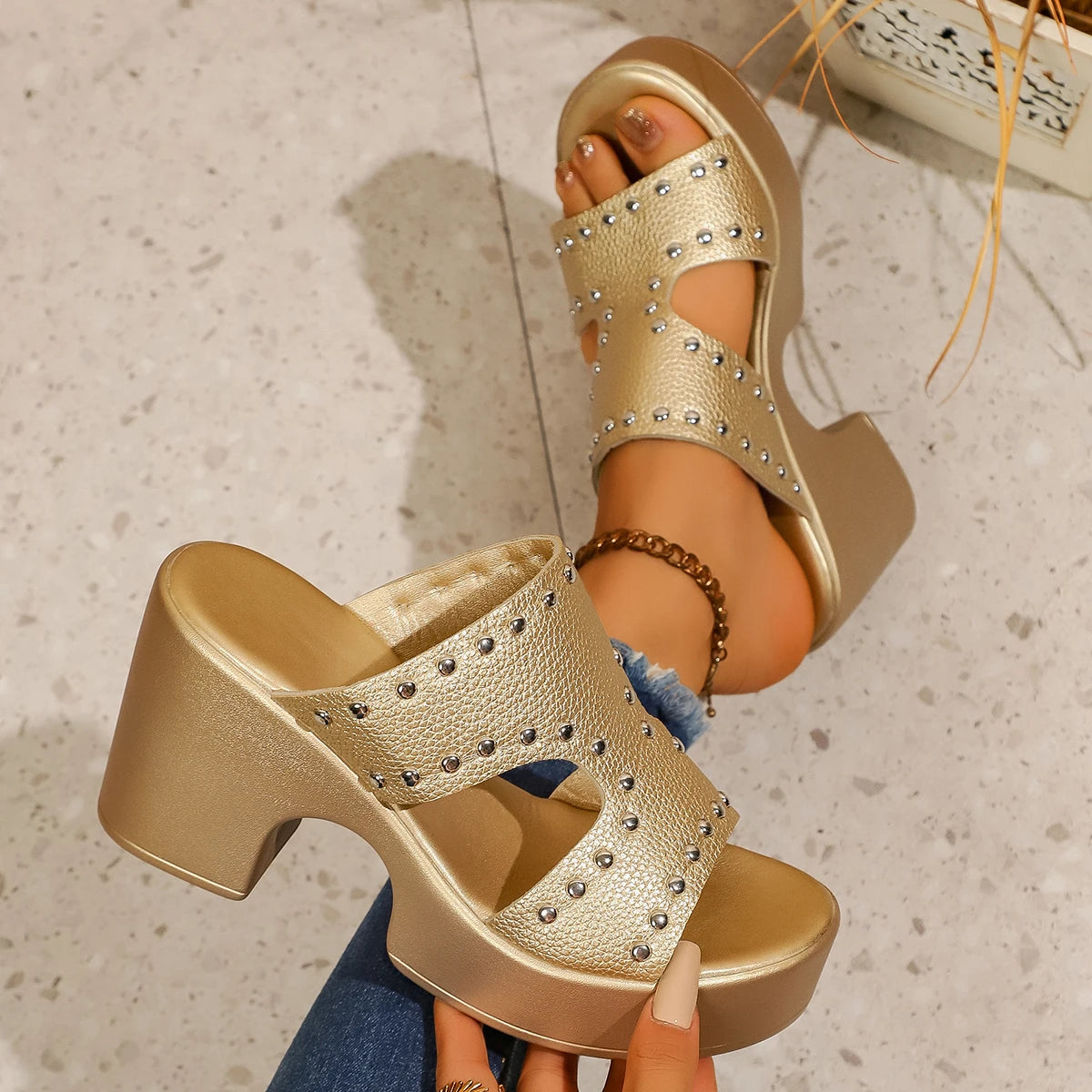 Summer Women Sandals Rivet Decor Chunky Platform Sandals Women Peep Toe High Heels Slippers Woman Beach Plus Size Ladies Shoes Zpaxo