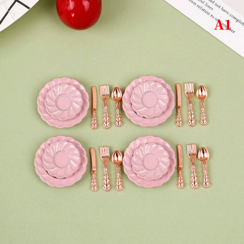 ▶1:12 Dollhouse Decor Toy with Utensils (Knife Fork Spoon Plate Set )-Kitchen Furniture Scene Model & Miniature Decorative Gift Zpaxo A1