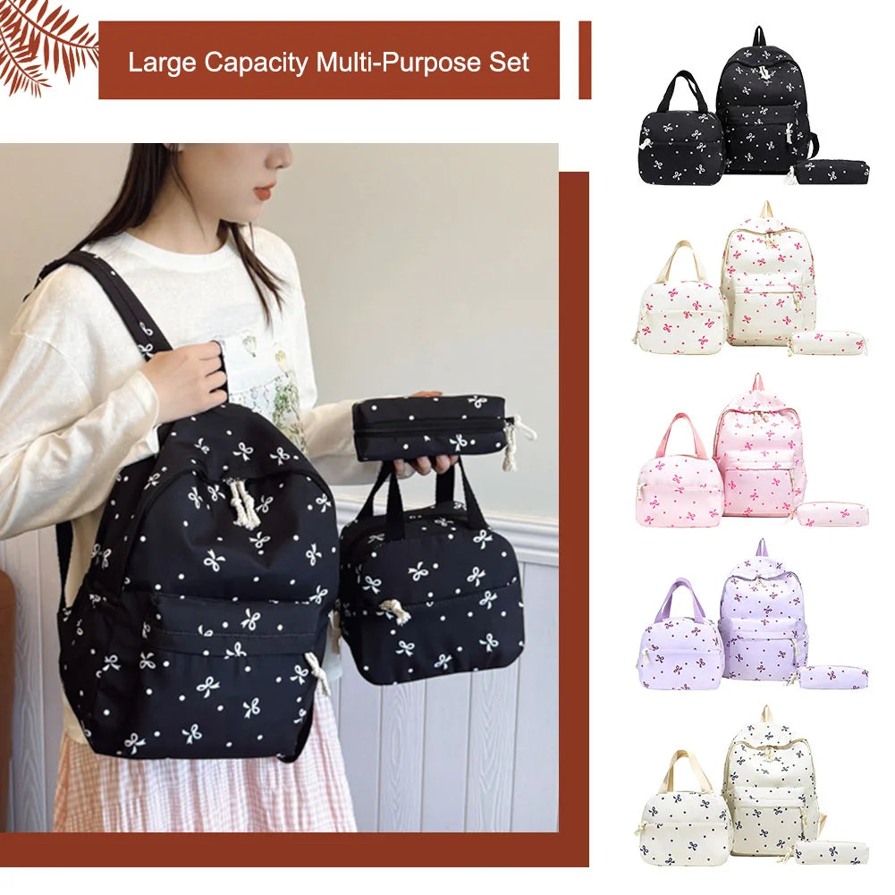 3Pcs/Set Kawaii Nylon Backpack with Handbag & Pencil Case All-Match School Bag Cute Bowknot Backpack School Outdoor Lunch Box Zpaxo