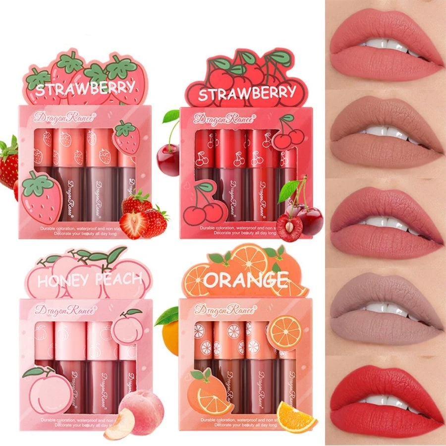 Mini Velvet Matte Lip Gloss Set, 4-Piece Non-Fading, Non-Stick Cup, Long-Lasting Fruit Scented Lip Tint, Smooth and Lightweight Zpaxo