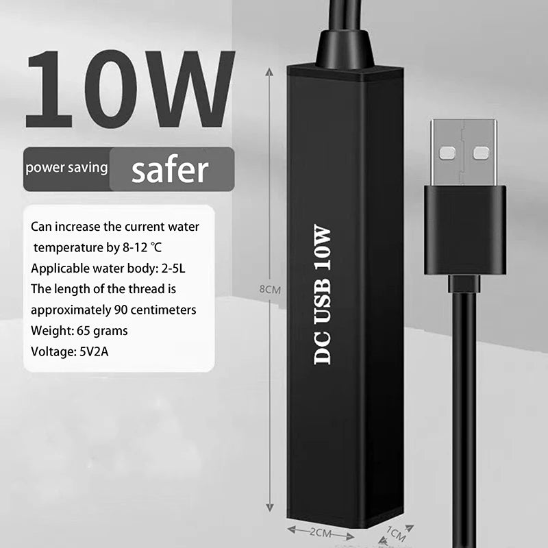 ▶1Pcs 5/10W Mini Aquarium Heater USB Charging For Small Fish Tank Heater Energy Saving Over Temperature Protection Accessories Zpaxo 10W
