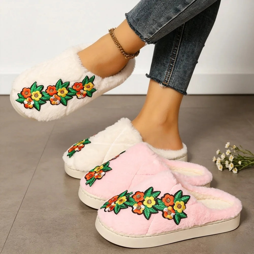 Flower Embroidery Pattern Fuzzy Women's Slippers Winter Comfy Warm