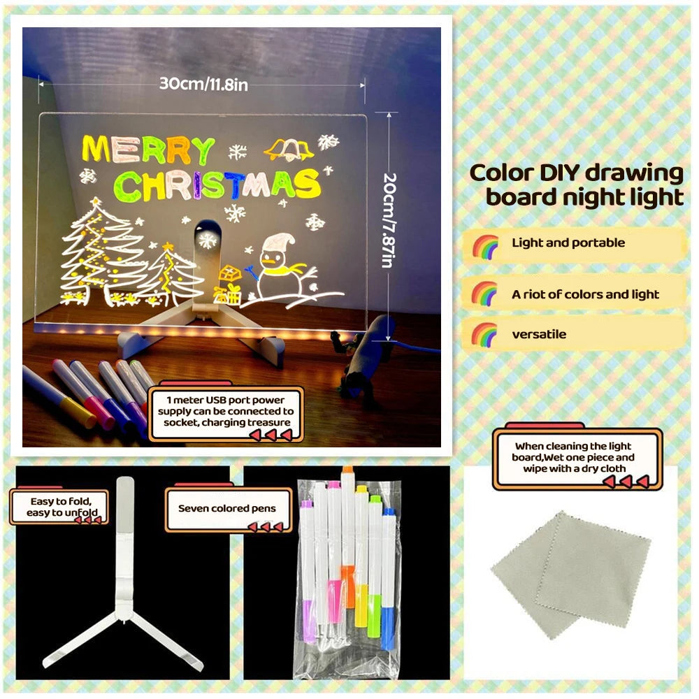 LED Note Board With Night Light Colorful 7 Pens DIY Acrylic Message Board Children‘s Drawing Board For Kids Birthday Gift Zpaxo