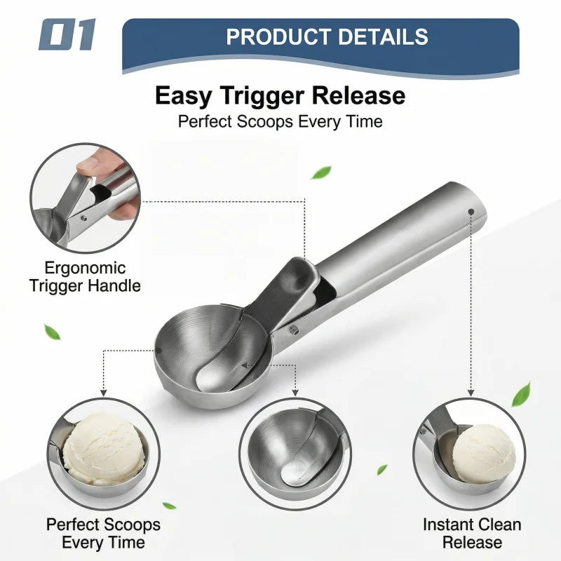 Stainless steel ice cream scoop with trigger for non-adhesive smooth scooping of frozen yogurt, fruit, melon balls, kitchen util Zpaxo