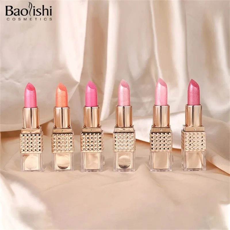 12 Colors Glitter Shiny Lipstick Waterproof Long Lasting Pearlescent