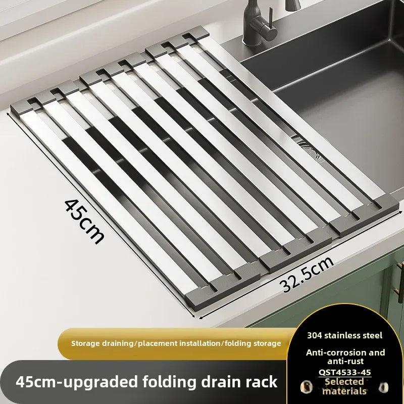 304 Stainless Steel Kitchen Sink Drain Rack Sink Bowl and Dish Storage Rack Foldable and Retractable Drain Basket Placema Zpaxo 45x32.5cm