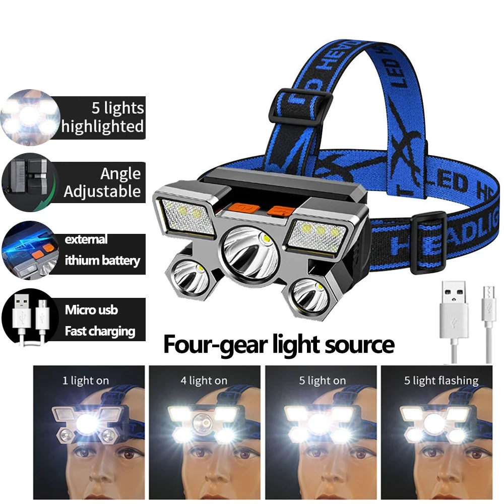 ESMARTER 5-LED USB Rechargeable Headlamp | Fishing & Outdoor