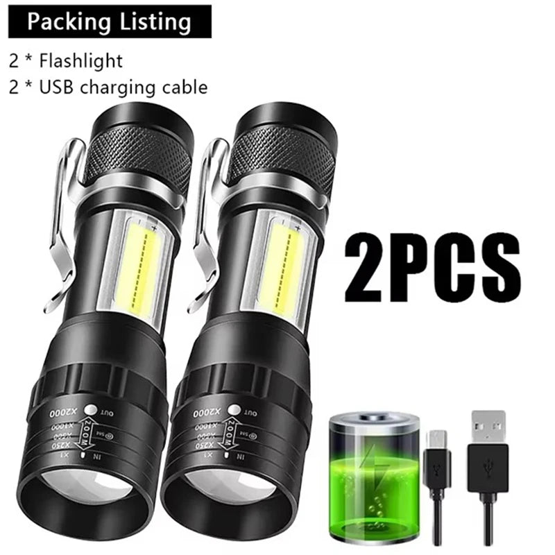 2-Pack Mini COB LED Rechargeable Flashlight – Zoomable Torch