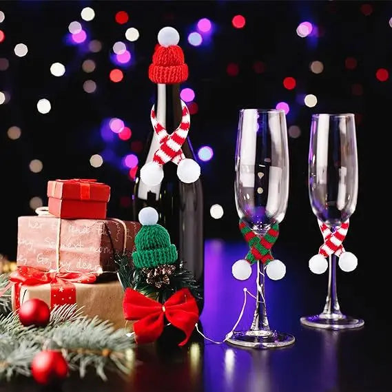 Hand-knitted Christmas Bottle Cozy Adorable Mini Scarf Hat Decor DIY