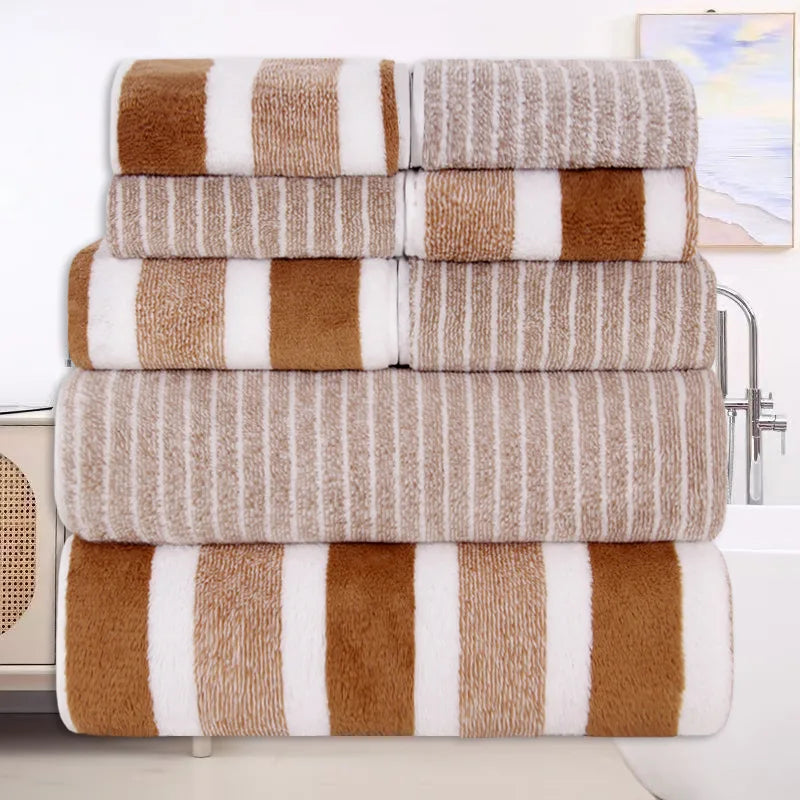 8pcs Coral Fleece Set: Towels, Washcloths, Bath Towels, Quick-Drying Striped Adult Face Towels for Bathrooms Zpaxo