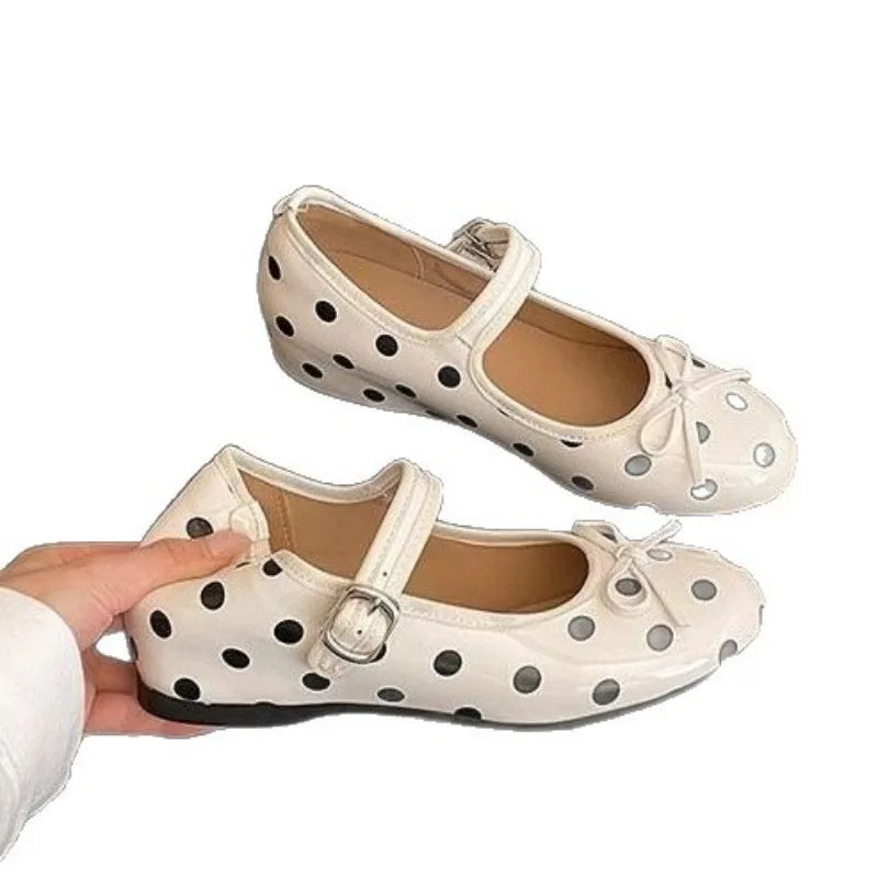 Women Flats Fashion Polka Dot Bow Decor Design Shoes 2026 Solid Round