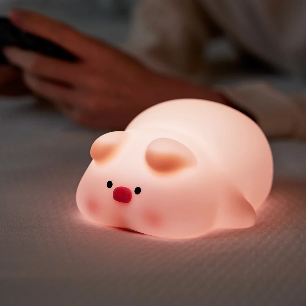 LED Night Lights Cute Sheep Panda Rabbit Silicone Lamp USB Rechargeable Timing Bedside Decor Kids Baby Nightlight Birthday Gift Zpaxo Pig