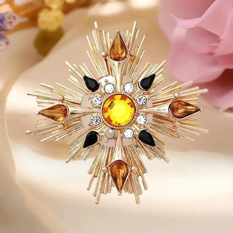Medieval Vintage Western Antique Brooch Cross Starlight Crystal Pin Zpaxo