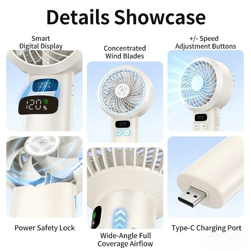 Portable Handheld Fan USB Rechargeable Mini Fan High Speed Cooling Fan with LED Digital Display for Travel Camping Outdoor Zpaxo