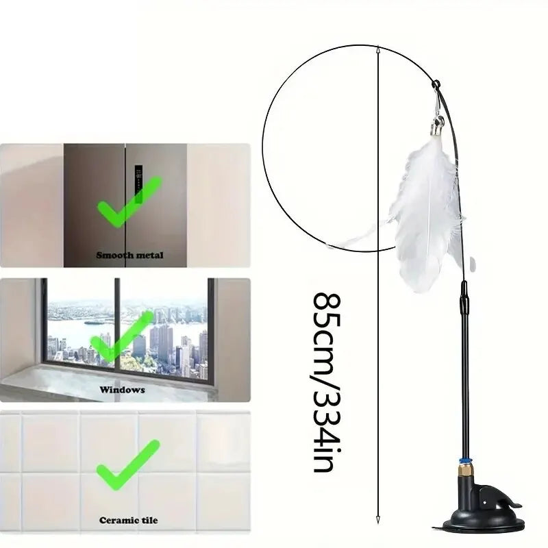 Interactive Cat Teaser Wand Bell Feather Long Suction Cup Pole Toy