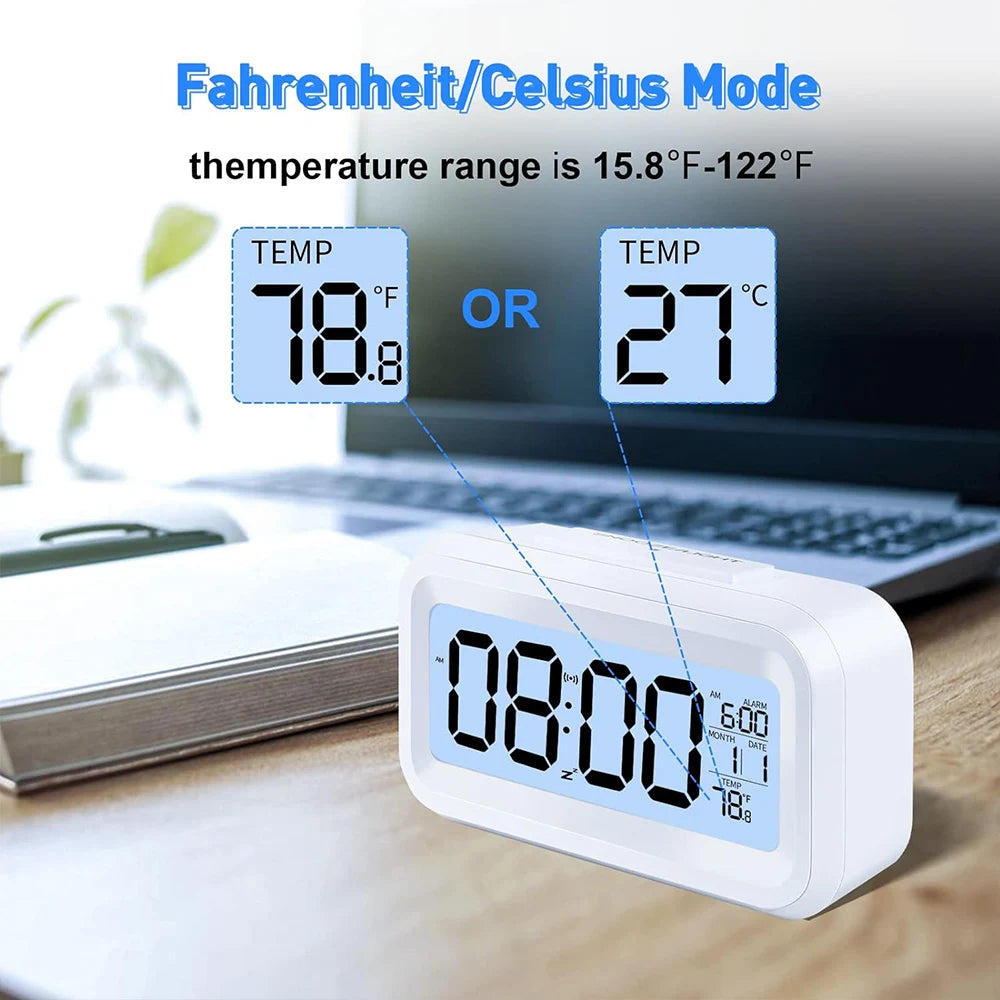 Digital Alarm Clock with Indoor Temperature Light Sensor Battery Operated Backlight 12/24H Display for Bedrooms Office Desk Zpaxo