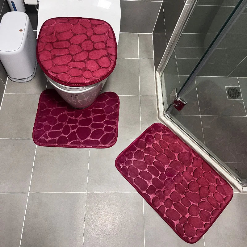 3PCS Solid Color Simple Bathroom Water-absorbing and Non-slip Floor Mat Stone Pattern, Comfortable and Soft, Three-piece Set Zpaxo RED Three piece set