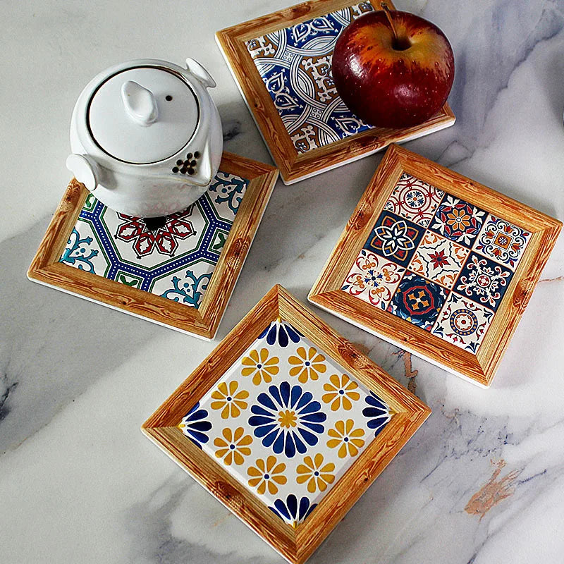 Bohemian Ceramic Cork Coaster – Vintage Floral Tile Coffee Mat Ceramic Cork Coaster Zpaxo