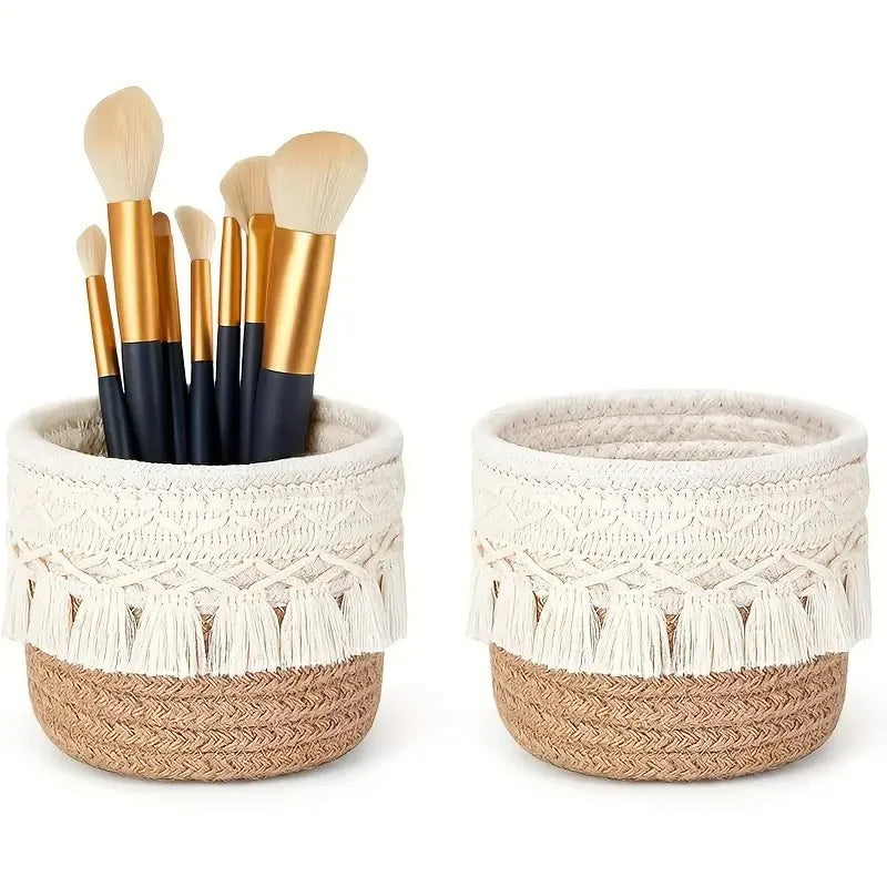 Tassel Makeup Brush Holder – Wicker Cosmetic Organizer Basket Cosmetic Organizer Basket Zpaxo