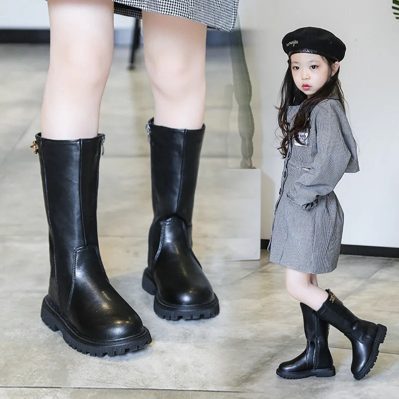 Winter Girl's Long Boots Black Pu Leather Platform Plush Trendy Zpaxo