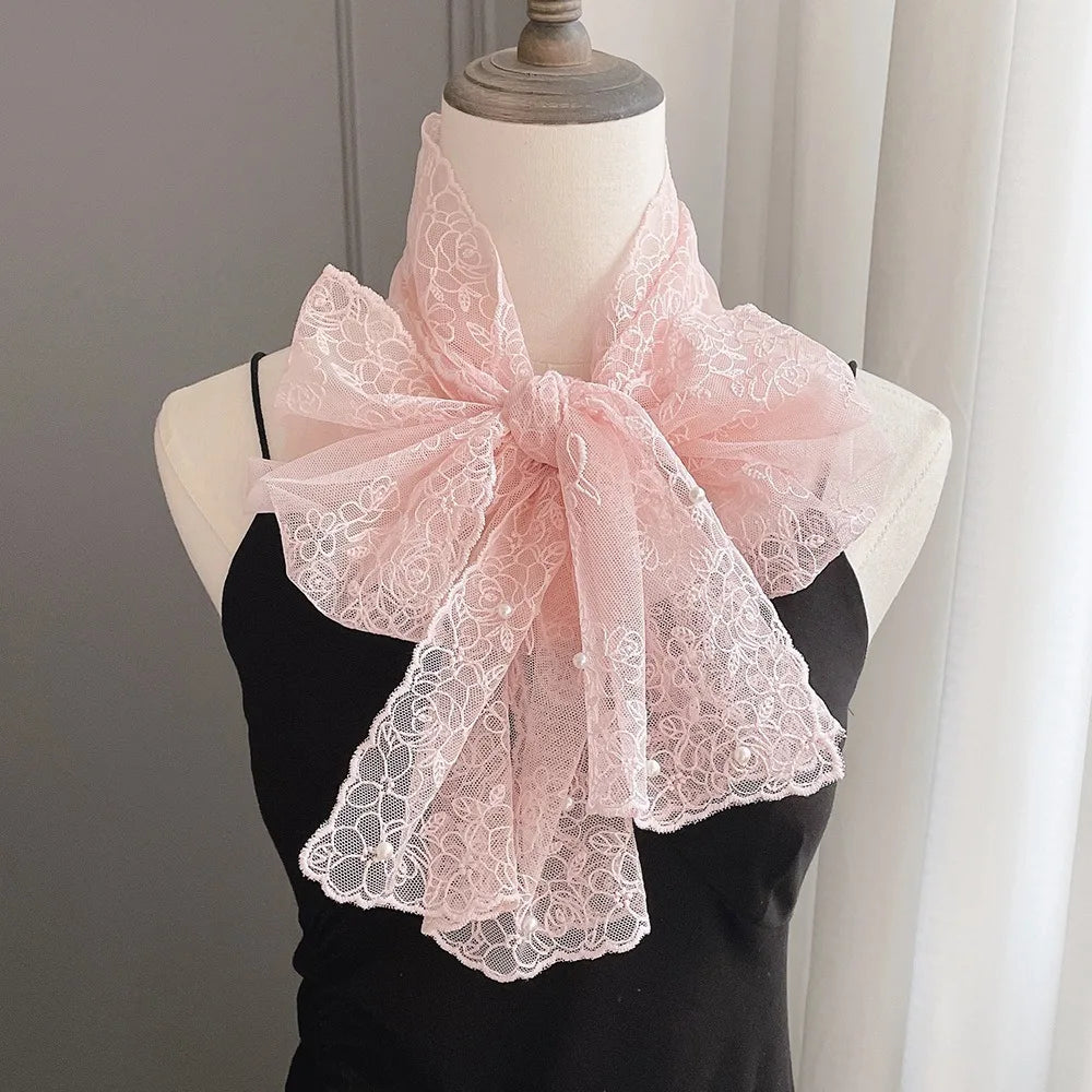 Spring Summer Thin Silk Scarf 153x30cm Soft Small Long Scarf Pearl Decorative Embroidered Flower Women Lace Shawl Zpaxo