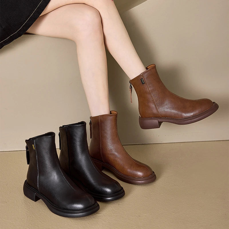 Women Leather Ankle Boots 2026 Round Toe Back Zipper Low Block Heel Zpaxo