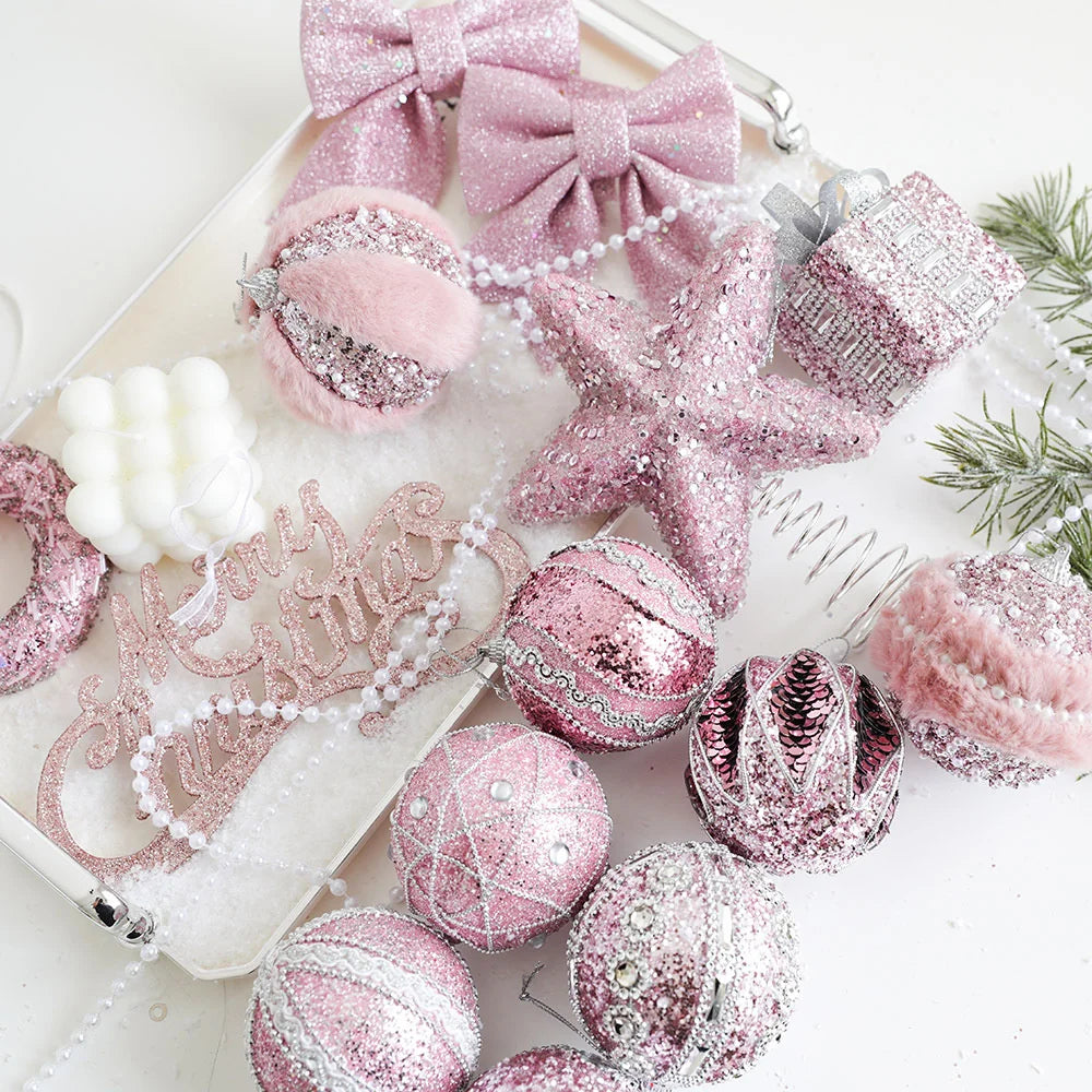 Pink Christmas Tree Ornaments – Foam Ball, Bow & Star Hangings