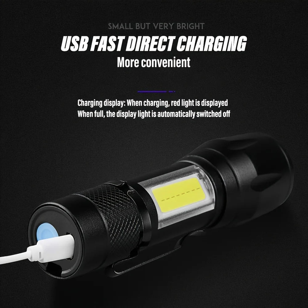 Mini LED Rechargeable Flashlight – Zoomable, Waterproof, Cap Clip