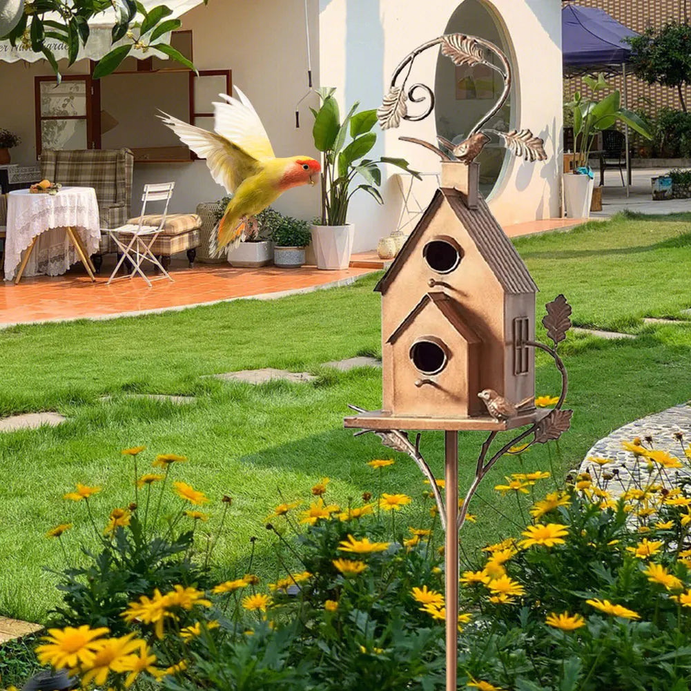Birdhouse Garden Stakes Outdoor Decor Metal Bird House Art Crafts